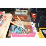 A cardboard box of various hand tools together wit