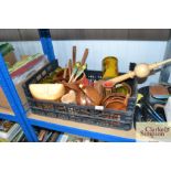 A box of various wooden ware, pottery etc