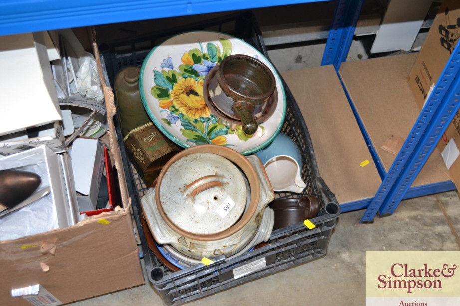 Two Denby style casserole dishes, various pottery