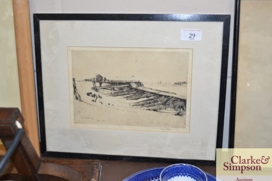 A pencil signed engraving "Walberswick Pier"