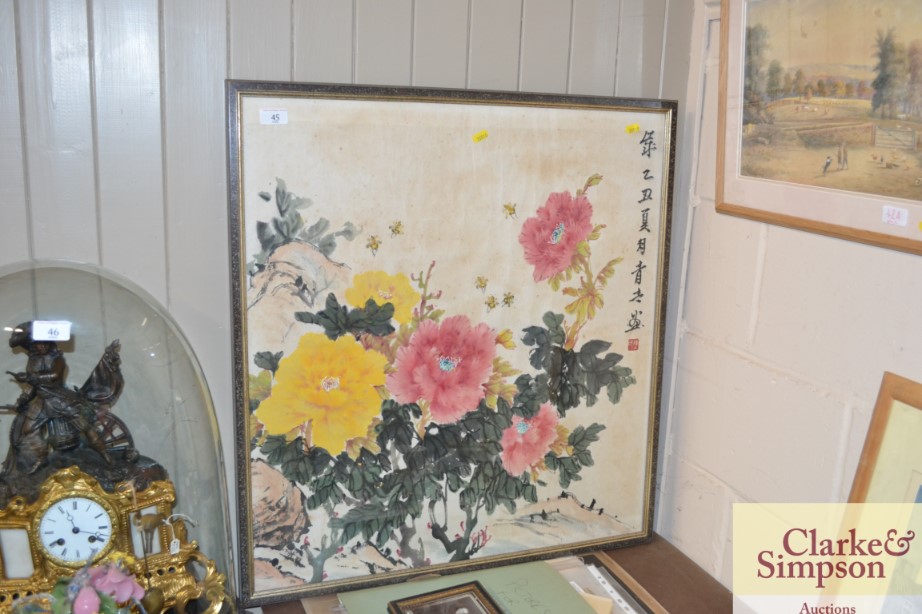 A Chinese painting on silk depicting Peony's, char