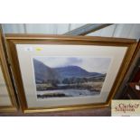 A coloured pencil signed print of a highland scene