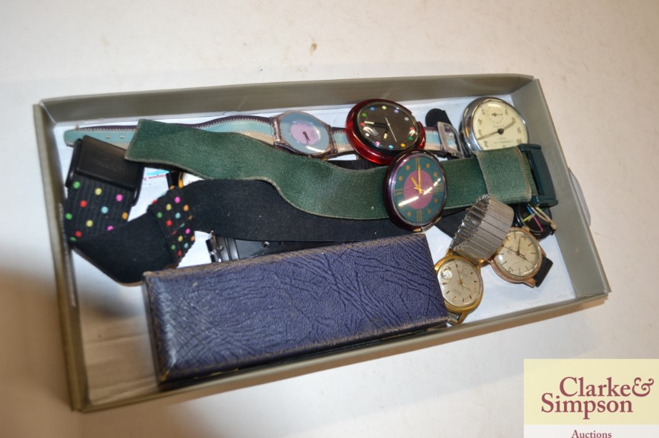 A box of various gents pocket and wristwatches