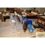 Various drinking glasses; a smoked glass baluster