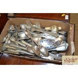 A box of miscellaneous plated cutlery