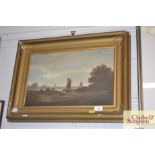 A gilt framed oil on board study depicting barges;