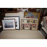 A quantity of pictures and prints to include a diorama of Venice and a hardwood carpenters level