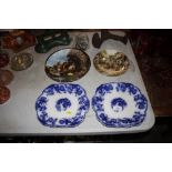 Two blue and white plates; two collector's plates