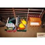 Two boxes of sundry items; a bread bin; wine rack,