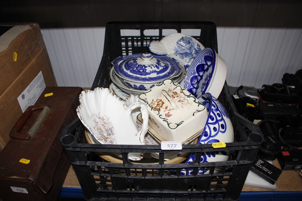 A box containing various blue and white china etc.