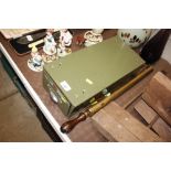 A vintage metal filing drawer and a brass garden s