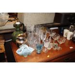 A green glass ewer; various other table glassware;
