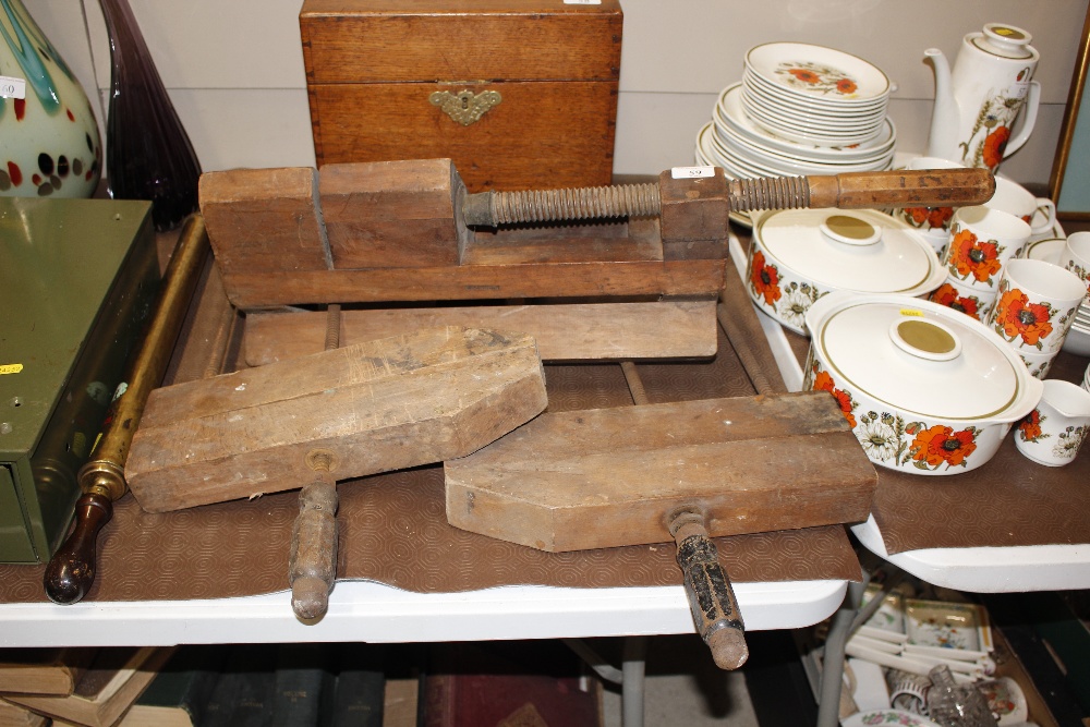 Three vintage wooden clamps