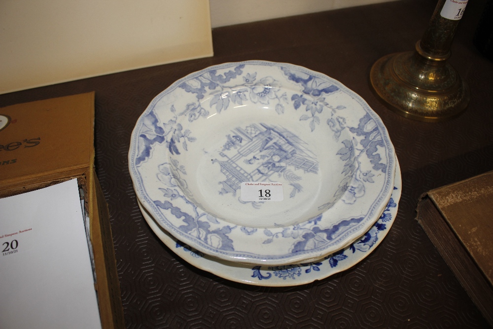 Two 19th Century blue and white Canton pattern soup plates and a blue and white floral decorated sou