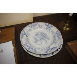 Two 19th Century blue and white Canton pattern soup plates and a blue and white floral decorated sou