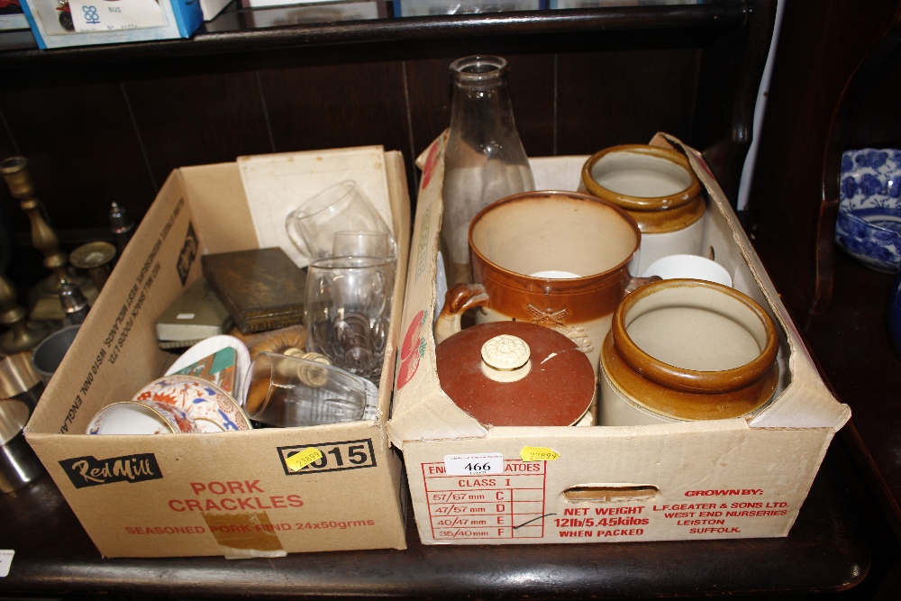 Two boxes of various china including brushes; tins