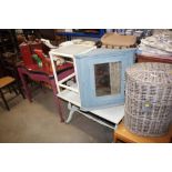 A painted side table on stretcher base together wi