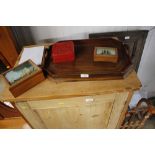 An inlaid two handled tea tray; a Cinnabar lacquer style box; and two ship decorated boxes