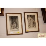 A pair of pencil signed etchings of cathedral inte