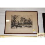 Pencil signed etching, Parisian river scene