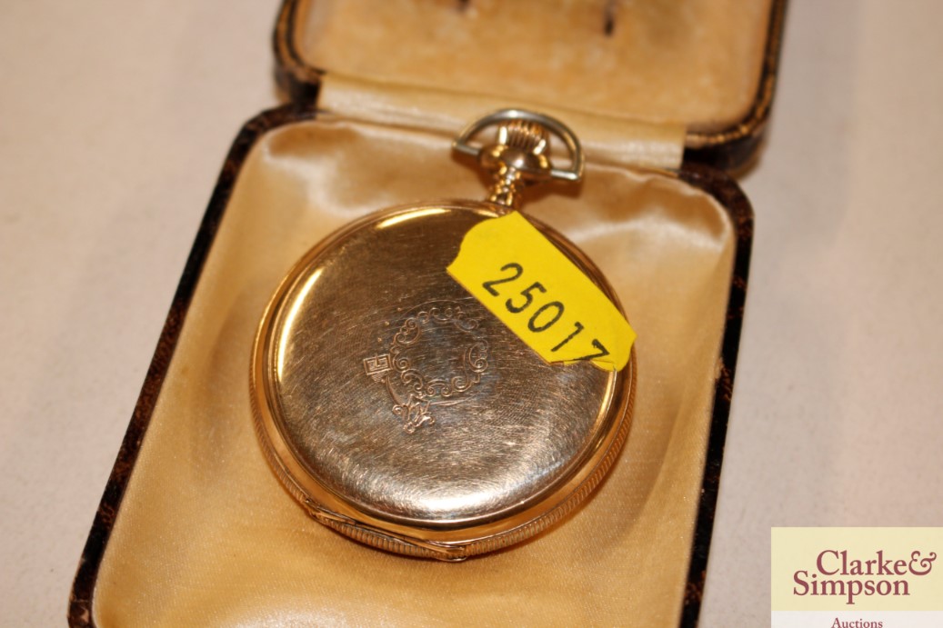 A yellow metal Waltham Hunter pocket watch