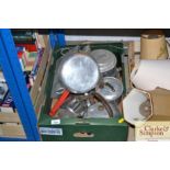 A box of kitchenalia; including saucepans, kettles