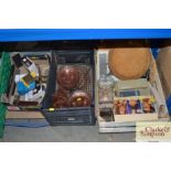 Three boxes containing glassware, wooden bread boa