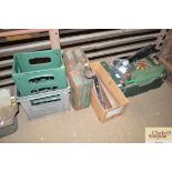 Two plastic crates, jerry can, large hinges and bo
