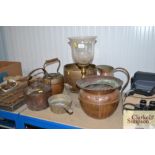 A quantity of brass and copperware; including two