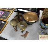A candle holder, pair of brass raised dishes, card