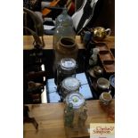 A quantity of glass storage jars, a stoneware jar, one gallon demi john