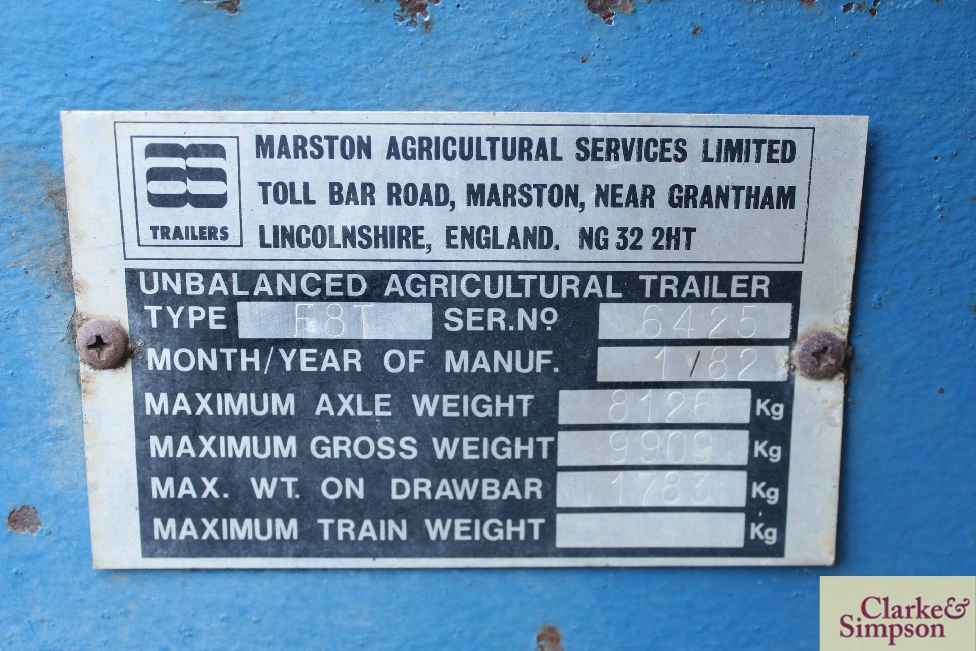 AS Marston F8T 8T twin axle tipping trailer. 01/1982. Serial number 6425. V - Image 14 of 14