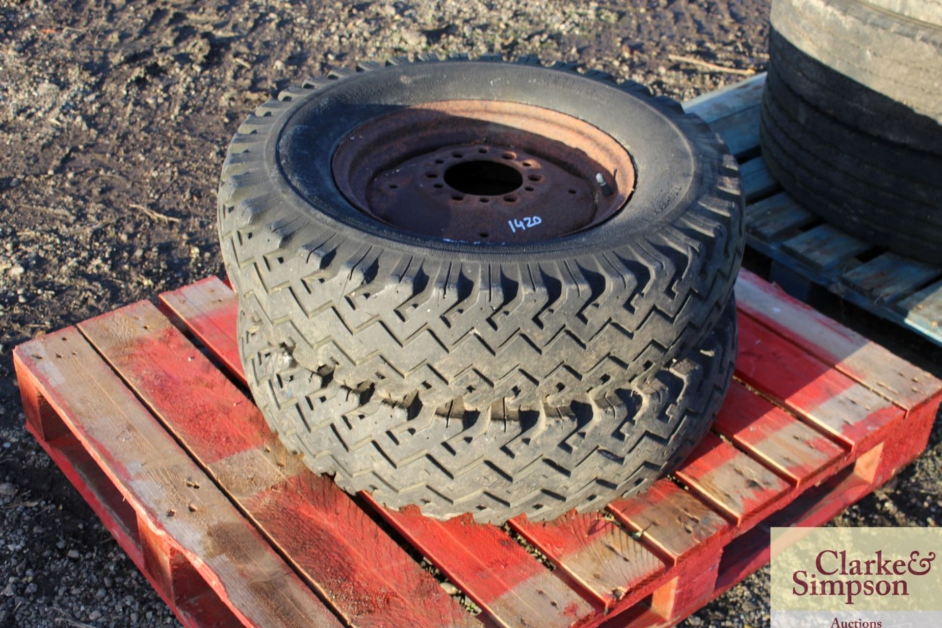 Pair 7.50-16 tractor front wheels and tyres.