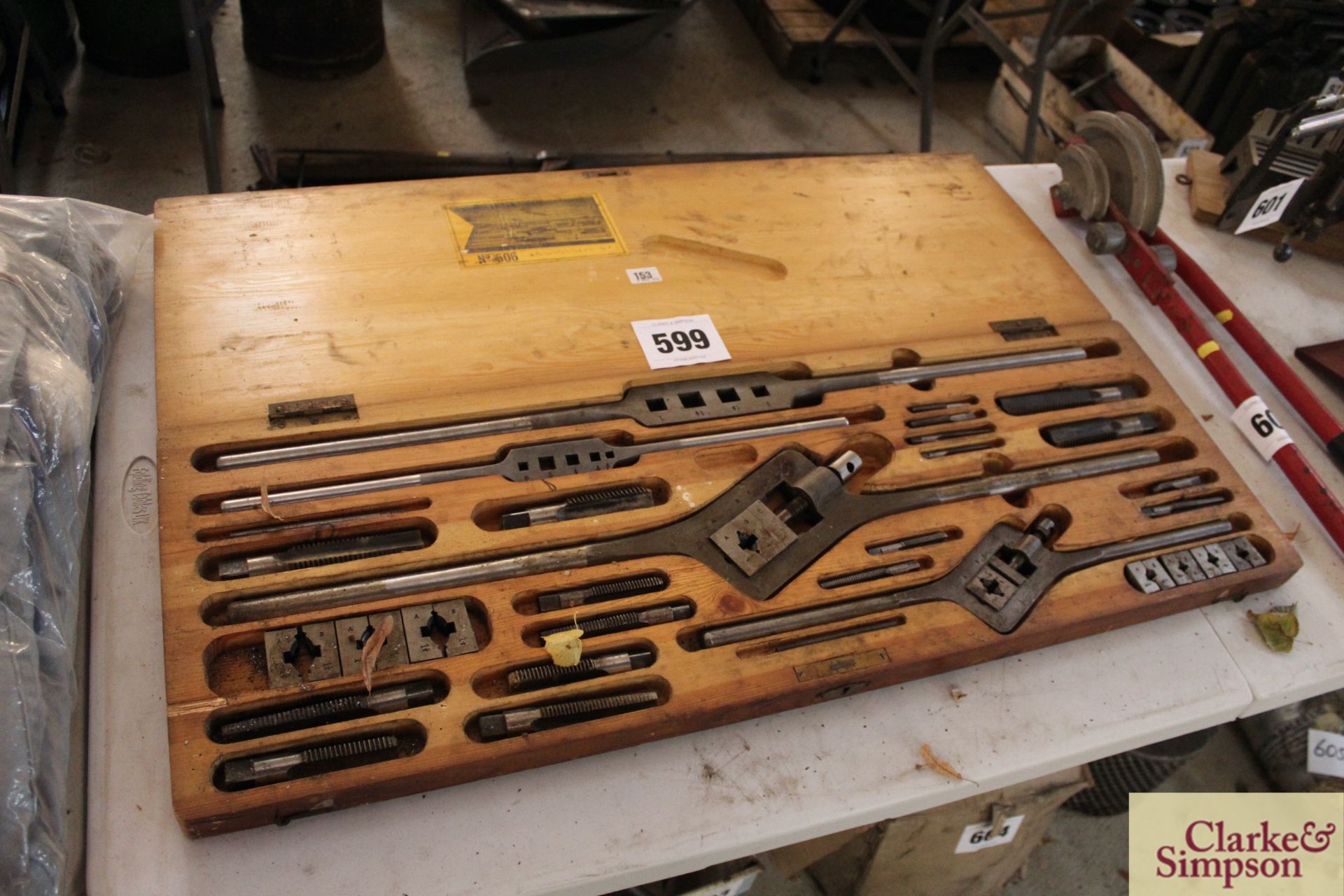 Large imperial tap and die set in wooden case.
