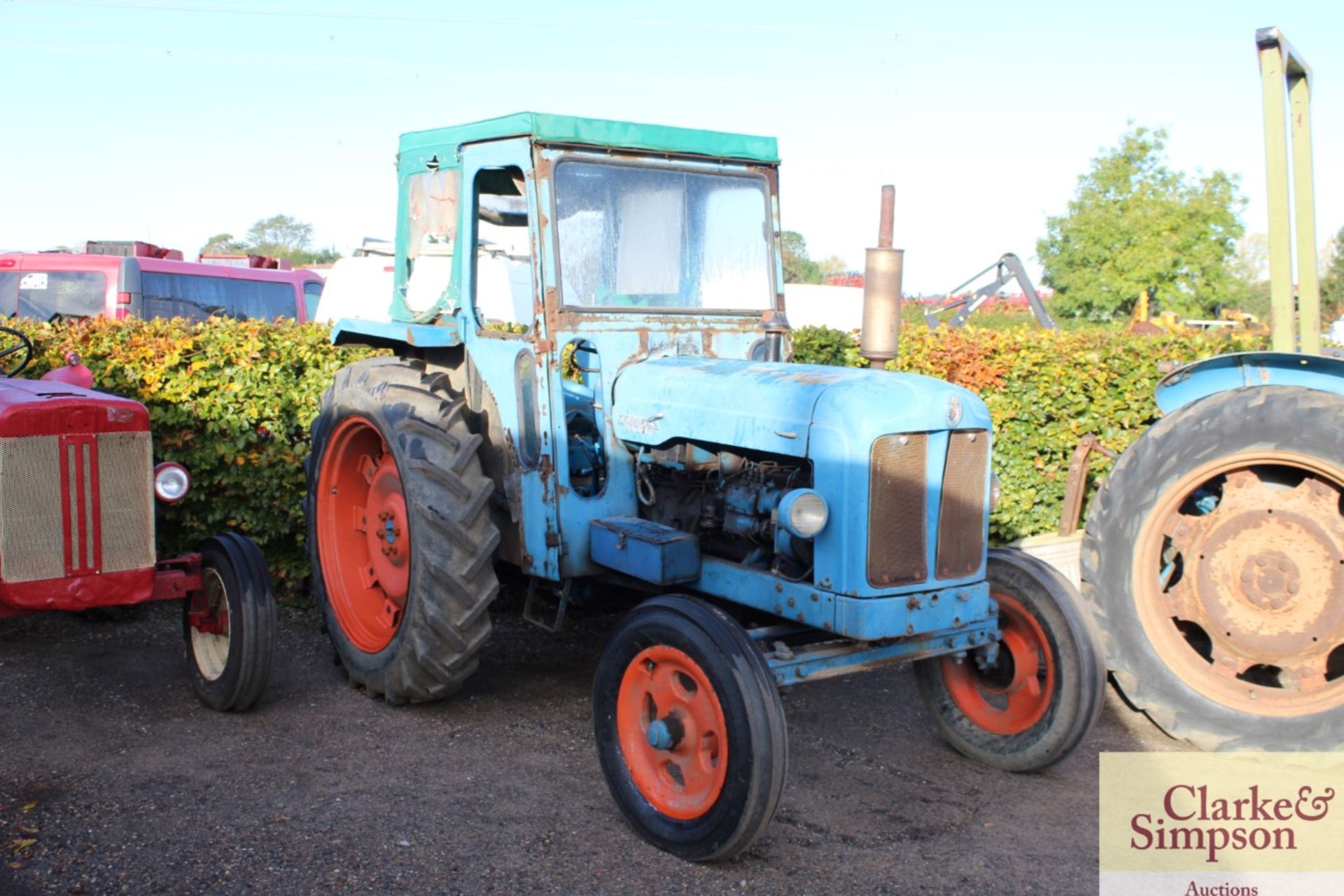 Fordson E1A Diesel Major 2WD tractor. 12.4/11-36 rear wheels and tyres @ 70%. With Lambourne cab. V