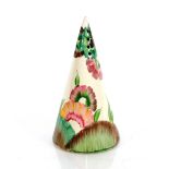 A Clarice Cliff "Bizarre" conical sugar shaker, ha