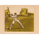 Judith Dobie, coloured etching of a cricketer, pen
