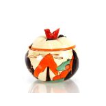 A Clarice Cliff "Bizarre" preserve pot and cover o