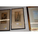 F Robson, pencil signed etching "Bow Church in L