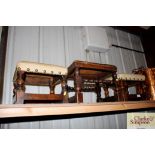 Three oak and leather topped stools