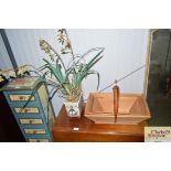 Three wooden trugs and an oriental jardiniere and