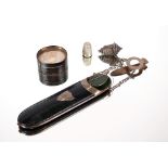 A silver mounted leather House Keepers spectacles case, with attached silver thimble and holder; and
