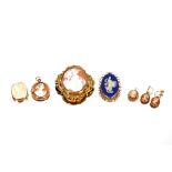 Four various cameo brooches; a small cameo pendant; and a pair of ear-rings (7)