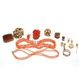 Two coral necklaces; a coral brooch; various yellow metal jewellery to include ear-rings, a locket