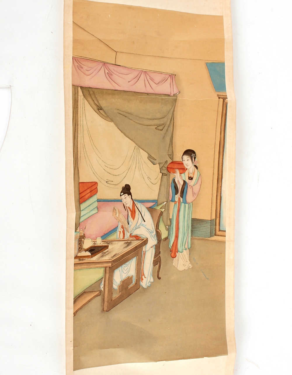 Three Chinese scroll paintings; and a panoramic photograph of Tsingraa (4)