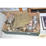 A box of various plated and brass ware