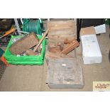 A wooden box and contents of moulding planes etc t