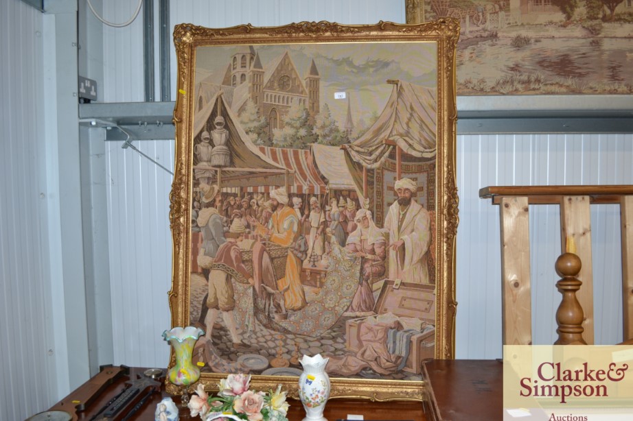 A gilt framed Flemish type tapestry