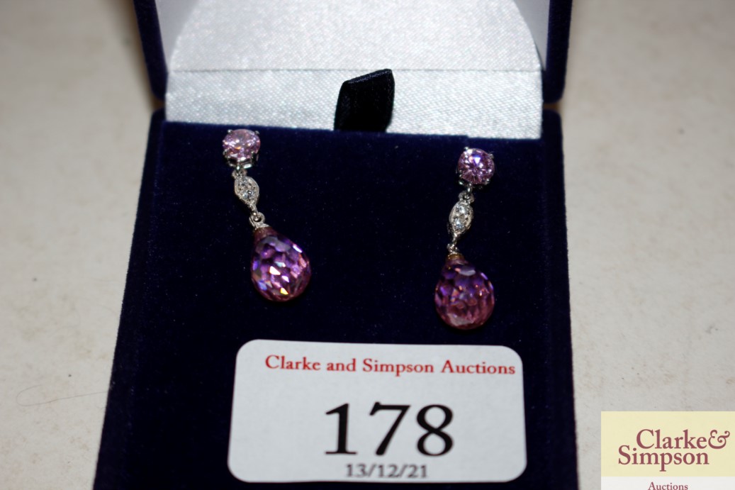 A pair of pink crystal and white metal drop ear-ri