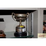 A small silver trophy cup on stand